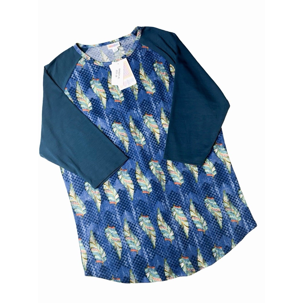 LuLaRoe Randy XL NWT Blue Feather Print Raglan 3/4 Sleeve Top Boho Baseball Tee